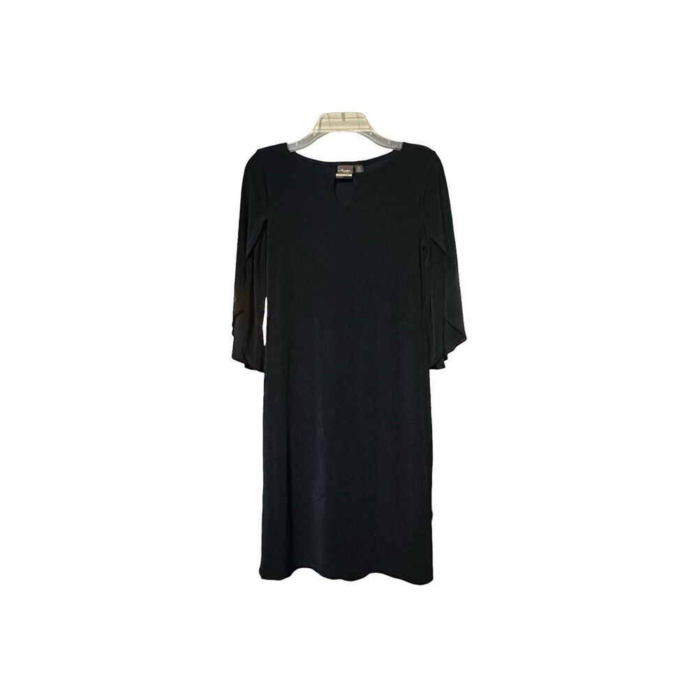 Chicos Travelers Blue Dress Size 0 Open Bell Split Sleeve Keyhole Stretch Knee